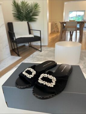 Adrienne Vittadini Black Jeweled Velvet Slide Sandals